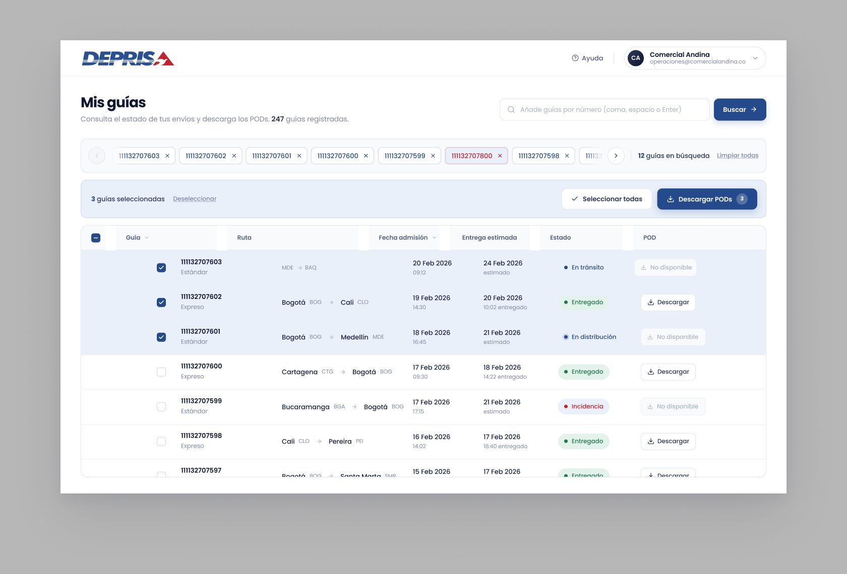 Portal cliente Mis guías con selección múltiple y descarga de POD