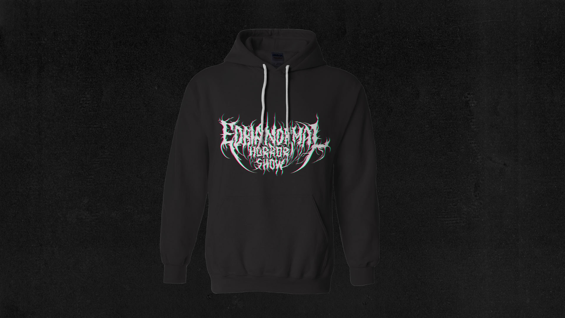 Mockup de hoodie con la versión glitch del logo