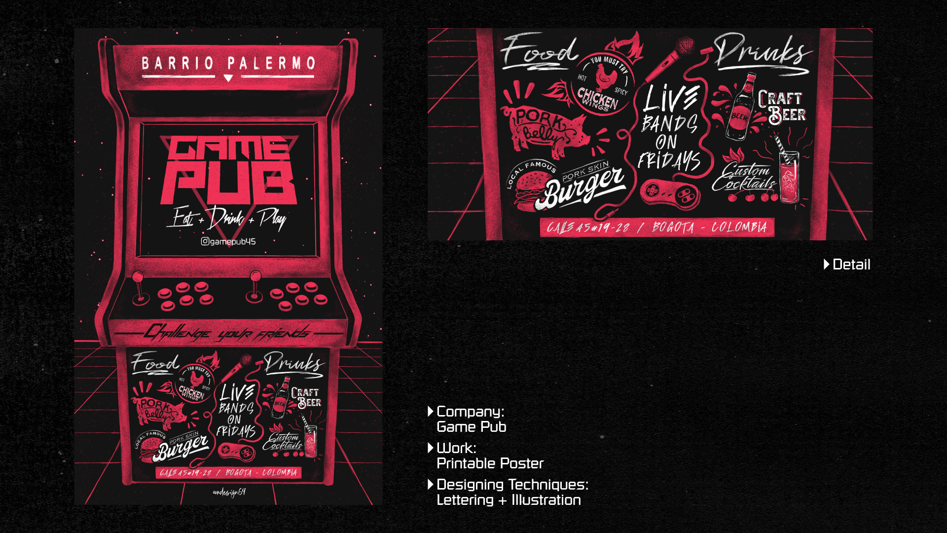 Poster Game Pub, ilustración estilo arcade en rojo y negro, con detalle
