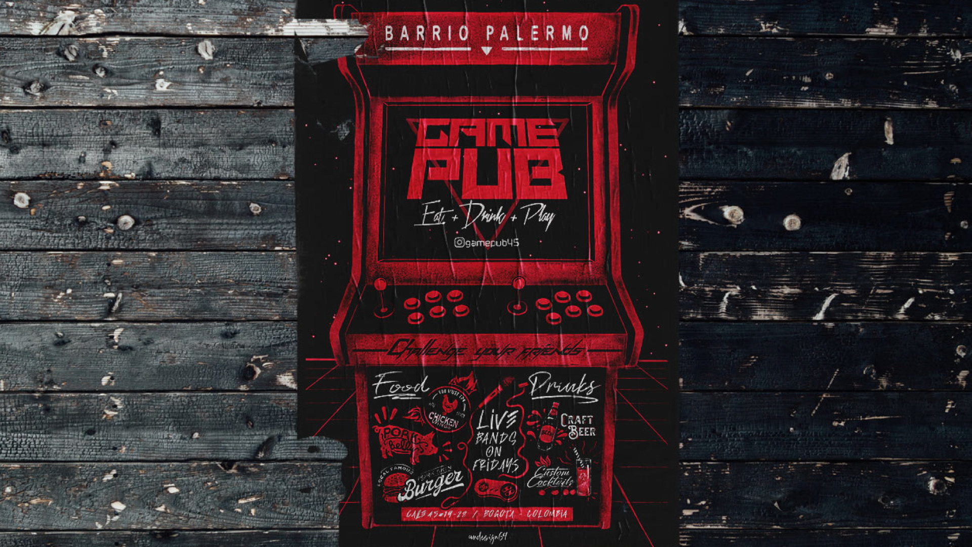 Mockup del poster Game Pub sobre pared de madera