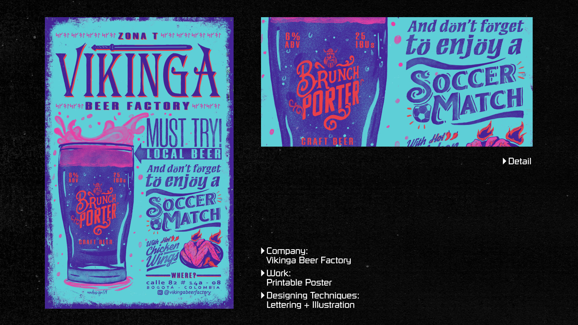 Poster Vikinga Beer Factory, lettering rúnico en cian y morado, con detalle