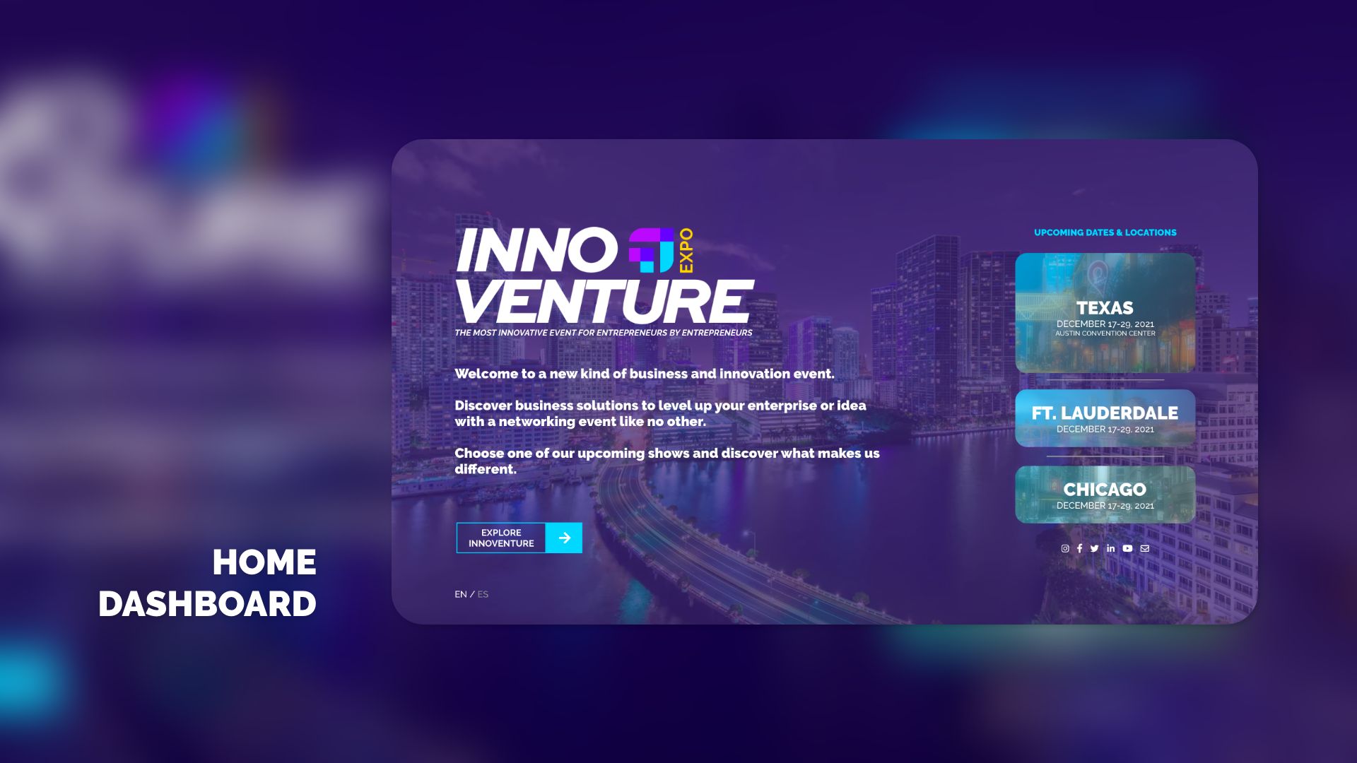 Home del sitio de InnoVenture Expo con fechas y sedes del evento