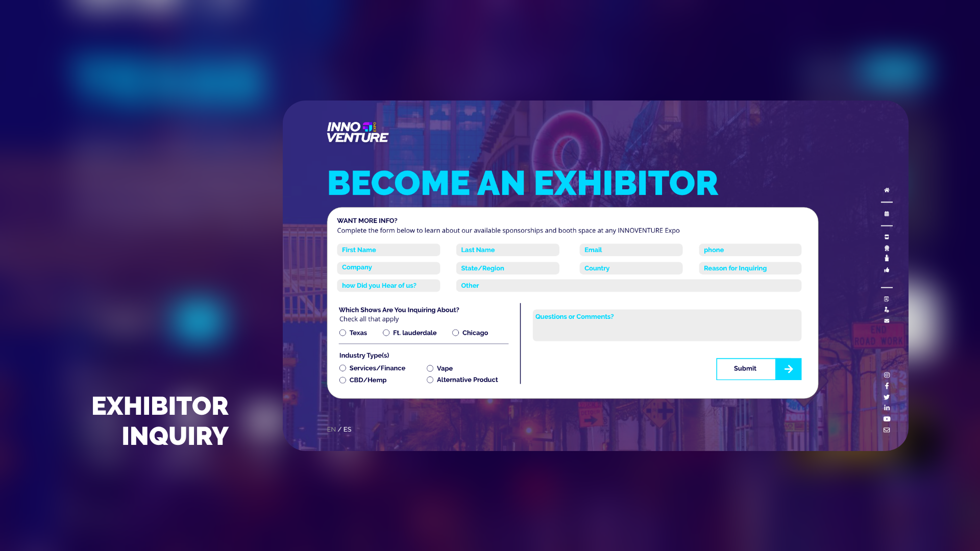 Formulario Become an Exhibitor de InnoVenture Expo