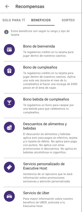 Recompensas, beneficios por nivel