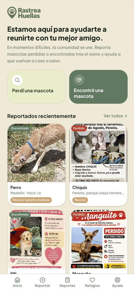 Pantalla de inicio de Rastrea Huellas