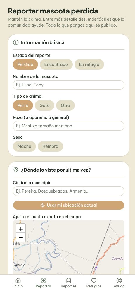 Formulario para reportar una mascota perdida