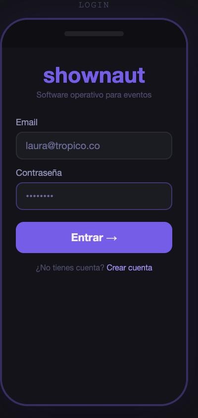 Login de Shownaut, con campos de email y contraseña