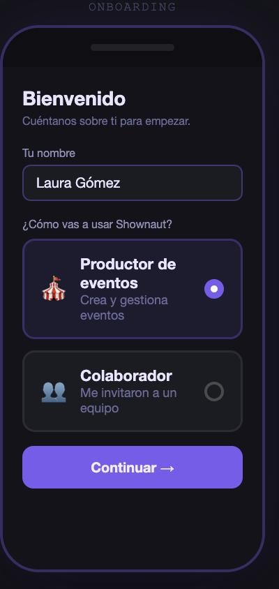 Pantalla de onboarding preguntando si el usuario es productor o colaborador