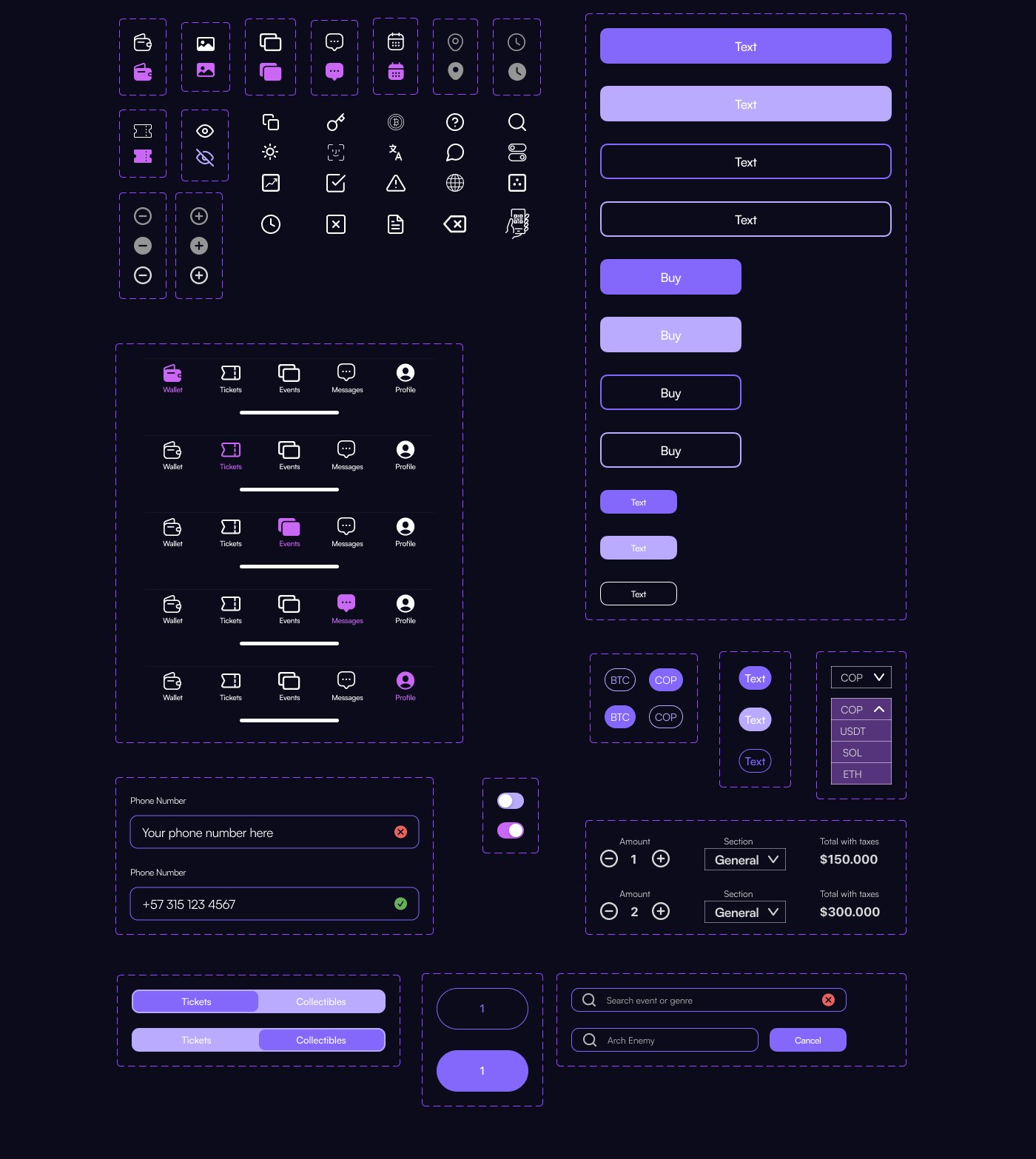 UI kit de TickMint, iconos, botones e inputs
